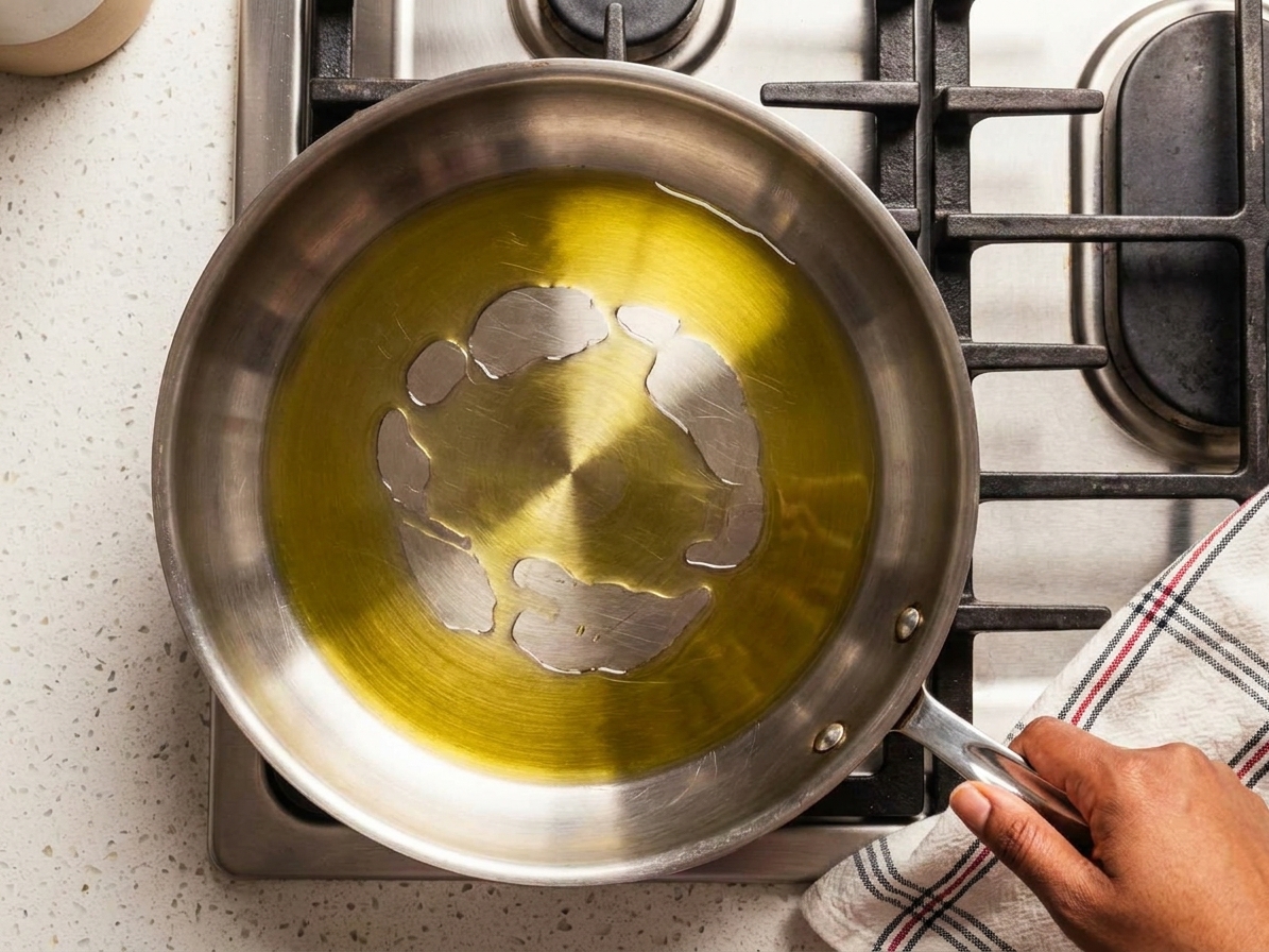 Olive oil shimmering in a large stainless steel skillet on a stovetop, ready for sautéing