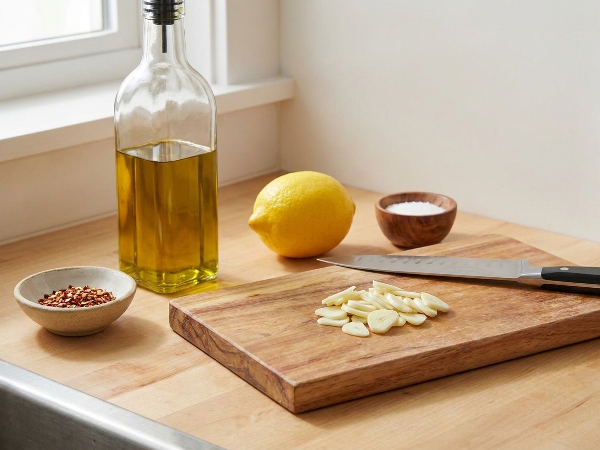 Olive oil, sliced garlic, a lemon, red pepper flakes, and salt arranged on a kitchen counter next to a cutting board