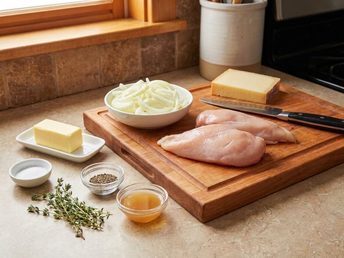 On a kitchen counter, sliced yellow onions, raw chicken breasts, Gruyere cheese, butter, thyme, and small bowls of salt, pepper, and broth measured out