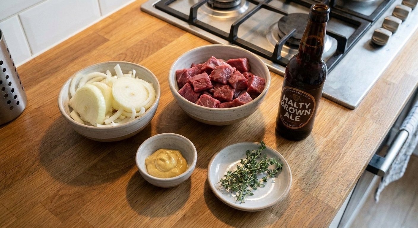 On a tidy kitchen counter, bowls of sliced onions, cubed beef, mustard, thyme, and a bottle of malty brown ale arranged for cooking