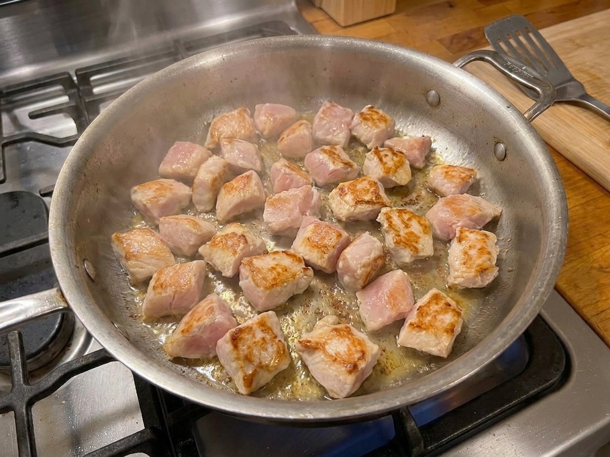 One-inch chicken pieces browning in a large skillet on a stovetop, with golden edges forming