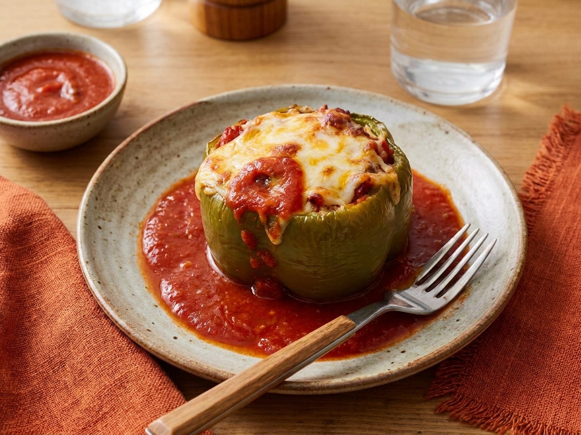 One stuffed green pepper plated with extra tomato sauce and a fork on a simple dinner table setting