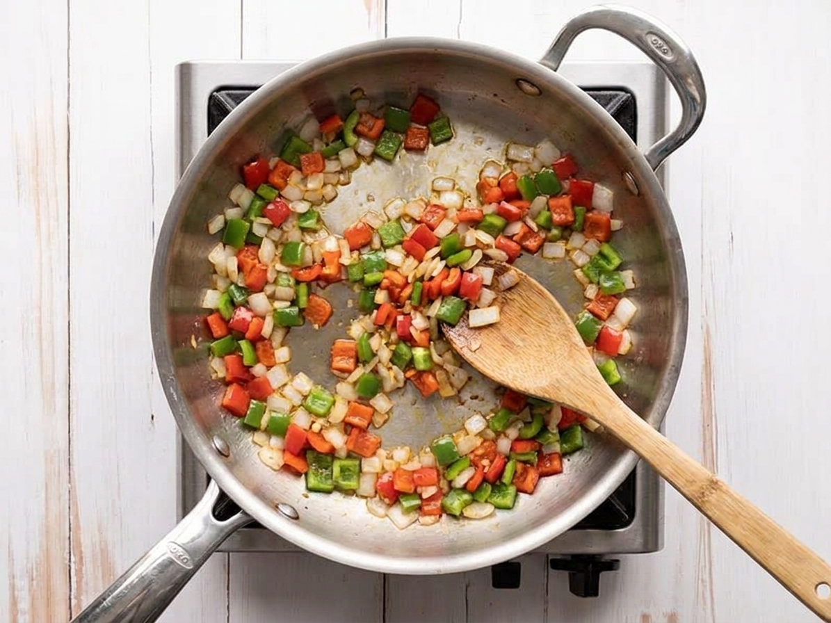 Onion and bell pepper sautéing in a skillet on a stovetop with a wooden spoon