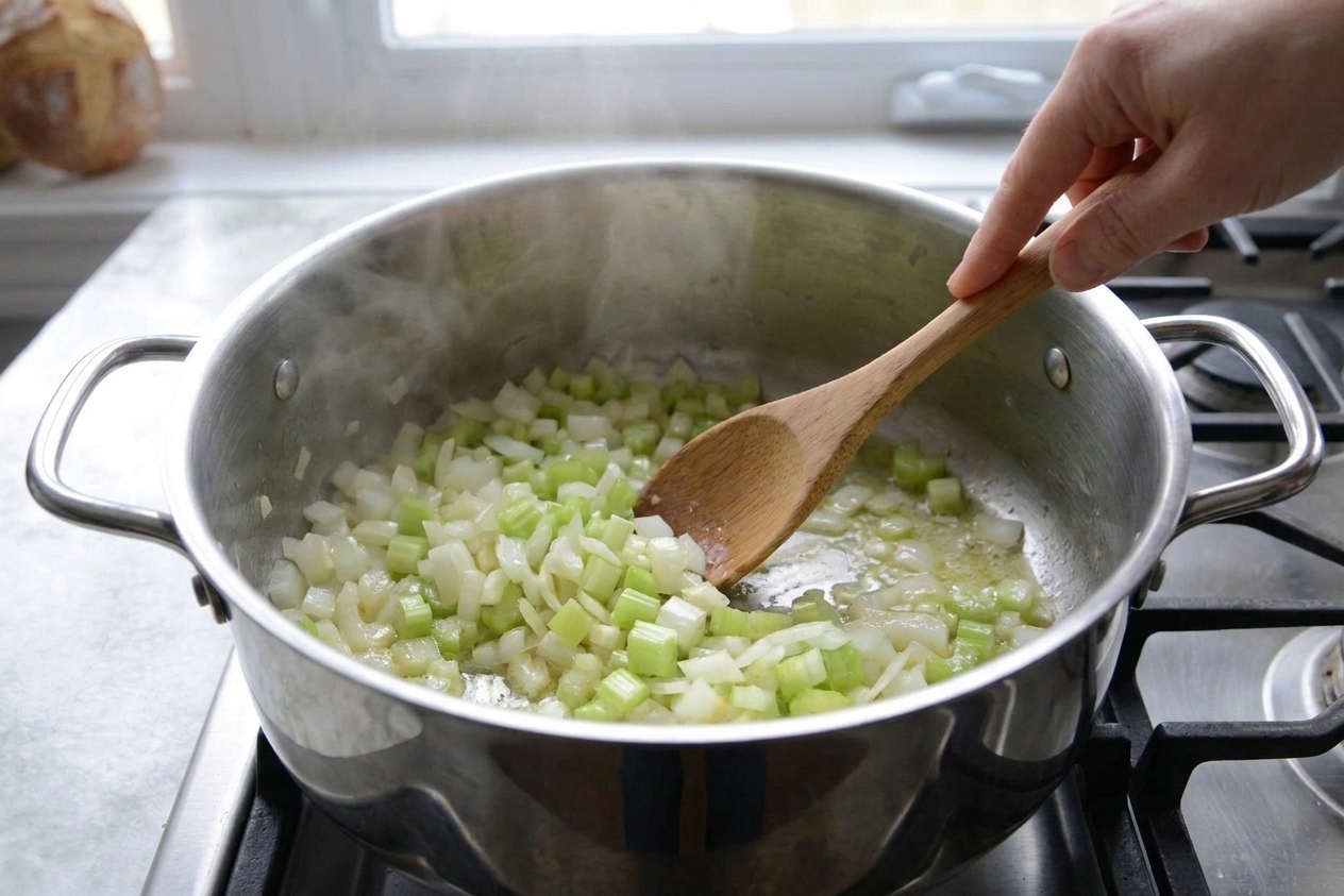 Onion and celery sautéing in a large pot on a stovetop with a wooden spoon stirring