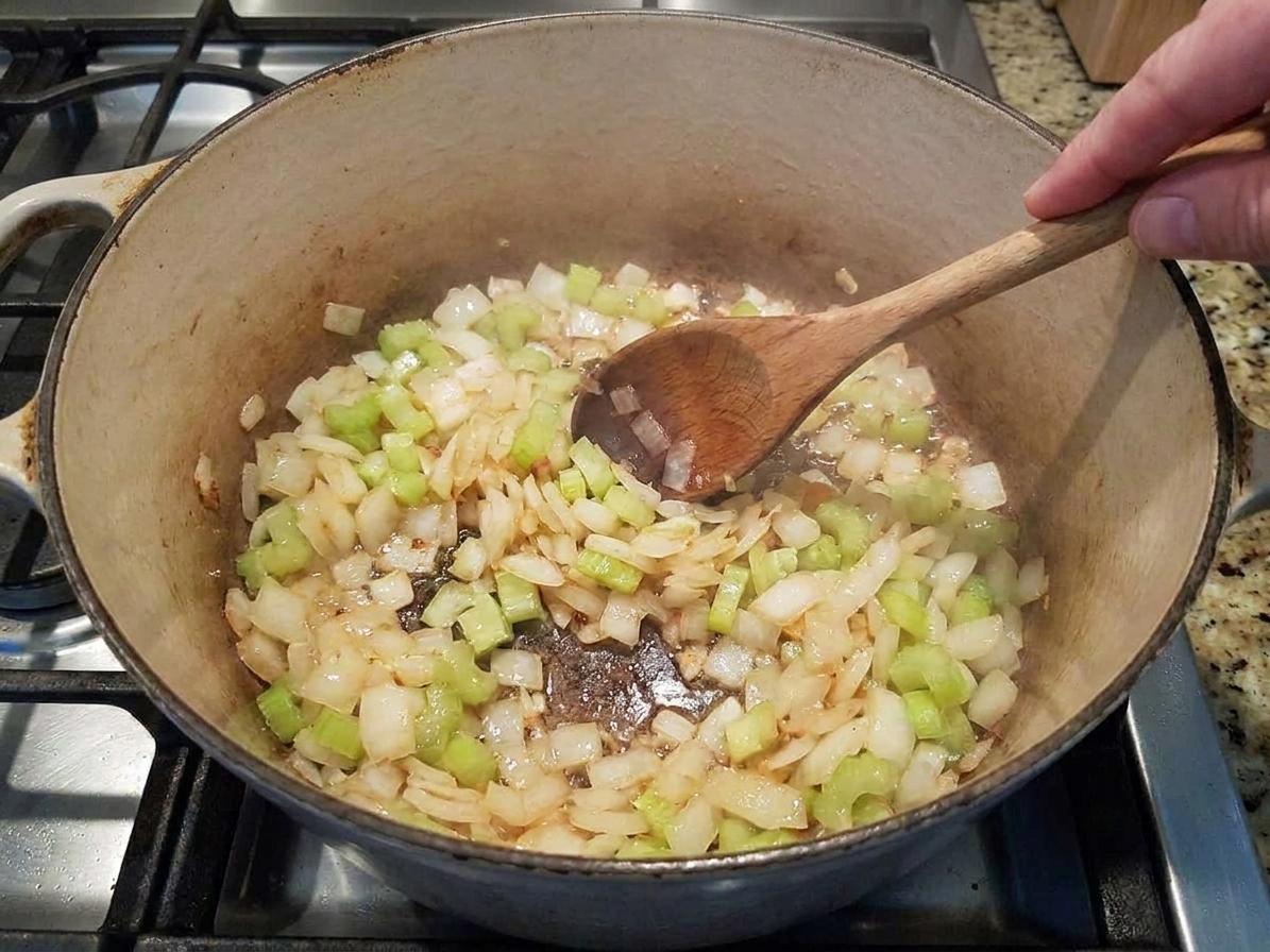 Onion and celery sautéing in a pot until soft and translucent, stirred with a wooden spoon