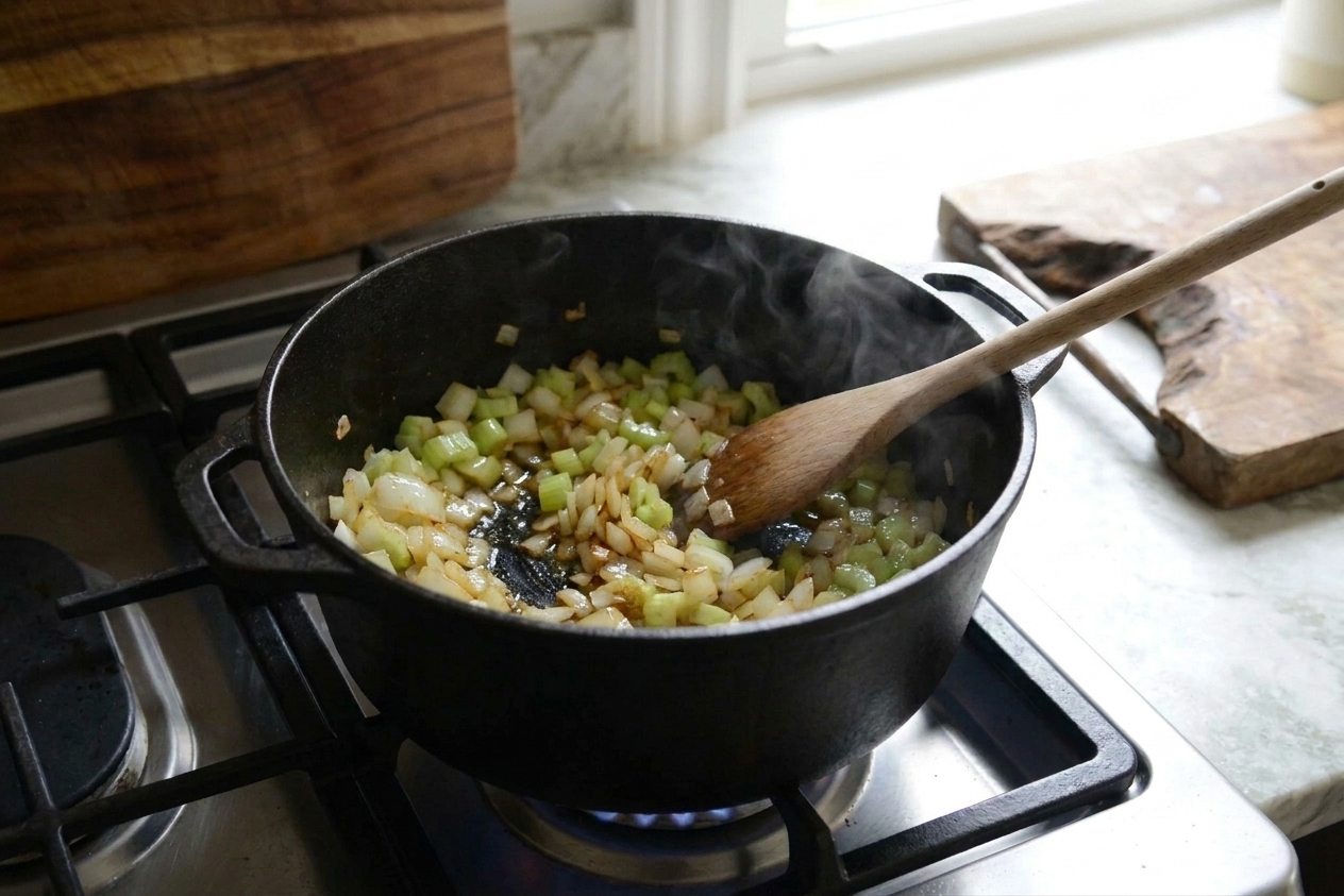 Onion and celery sautéing in a soup pot with a wooden spoon
