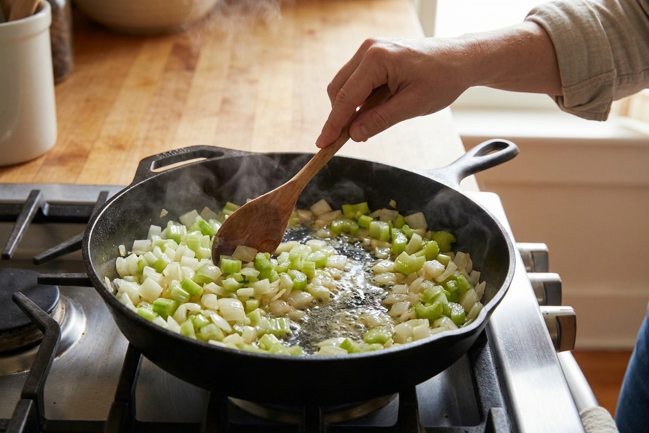 Onion and celery sautéing in melted butter in a skillet on a stove, wooden spoon stirring