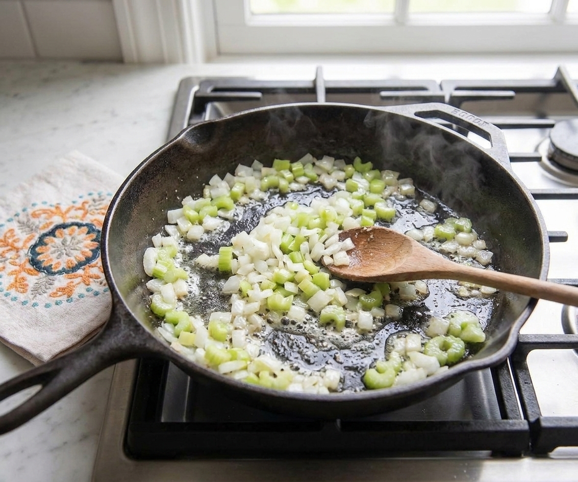 Onion and celery sautéing in melted butter in a skillet on the stove, lightly softened and glossy