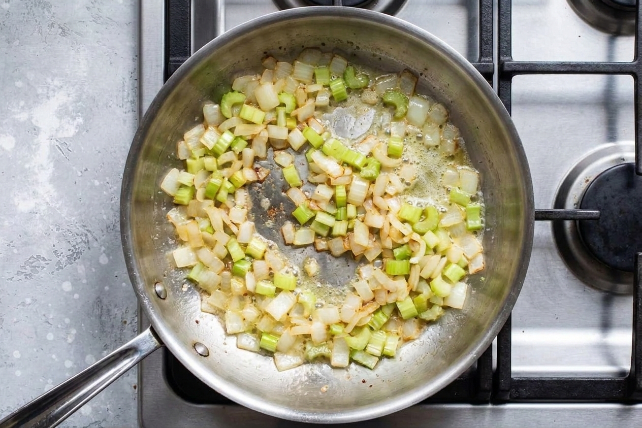 Onion and celery sautéing in melted butter in a stainless steel skillet on a stovetop