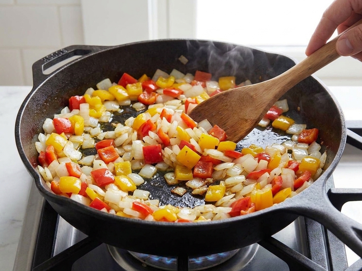 Onion and diced bell pepper sautéing in a skillet on a stovetop