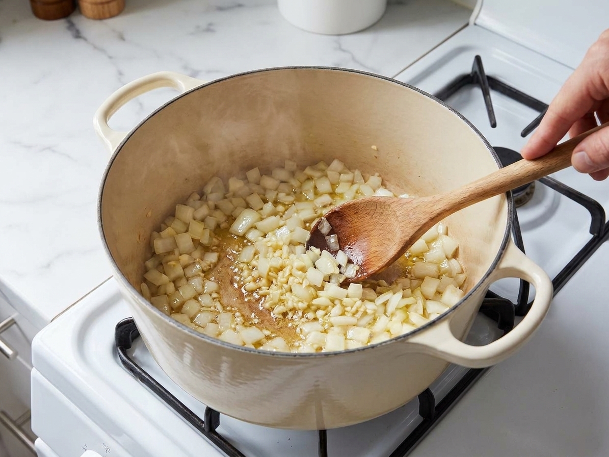 Onion and garlic sautéing in a Dutch oven on a home stove, with a wooden spoon stirring