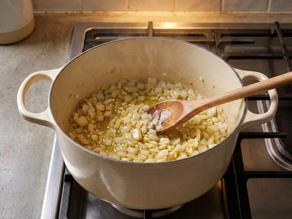 Onion and garlic sautéing in a Dutch oven on a stovetop, lightly glossy and softened