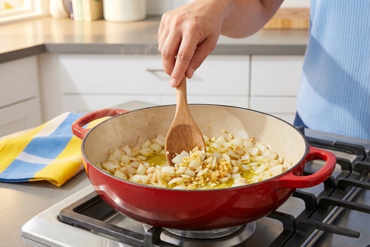 Onion and garlic sautéing in a Dutch oven on a stovetop with a wooden spoon stirring, warm kitchen lighting.