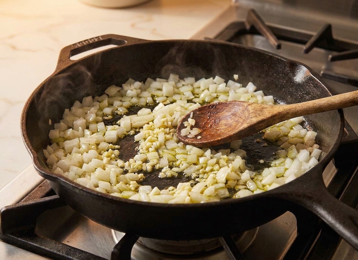 Onion and garlic sautéing in a deep skillet with a wooden spoon, beginning of a spaghetti meat sauce