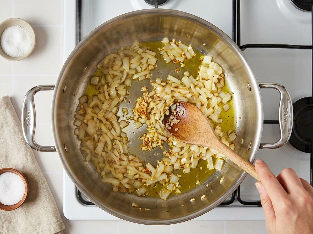 Onion and garlic sautéing in a large pot with a wooden spoon stirring on a stovetop