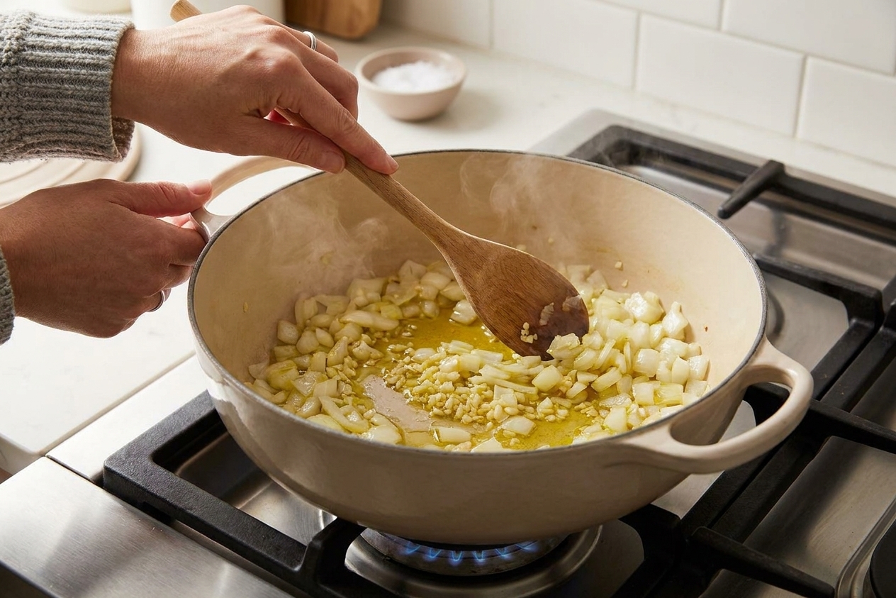 Onion and garlic sautéing in a light-colored Dutch oven on a stovetop with a wooden spoon stirring
