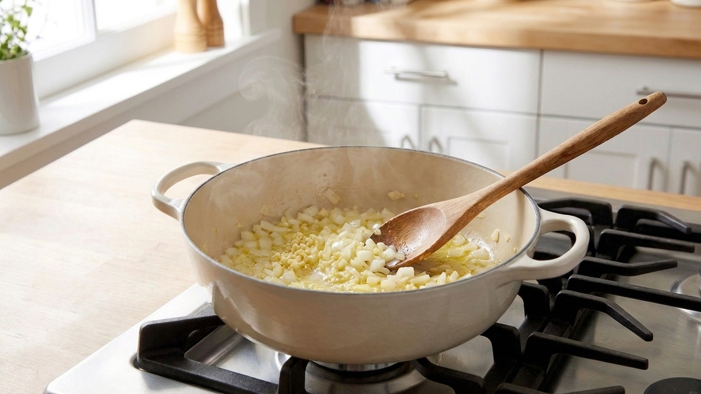 Onion and garlic sautéing in a light-colored pot on the stove with a wooden spoon stirring
