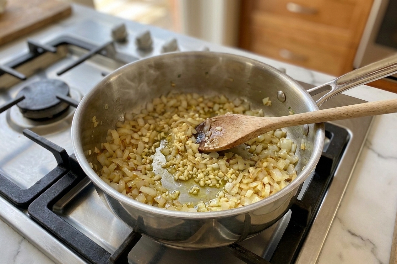 Onion and garlic sautéing in a medium saucepan on a stovetop, wooden spoon resting inside