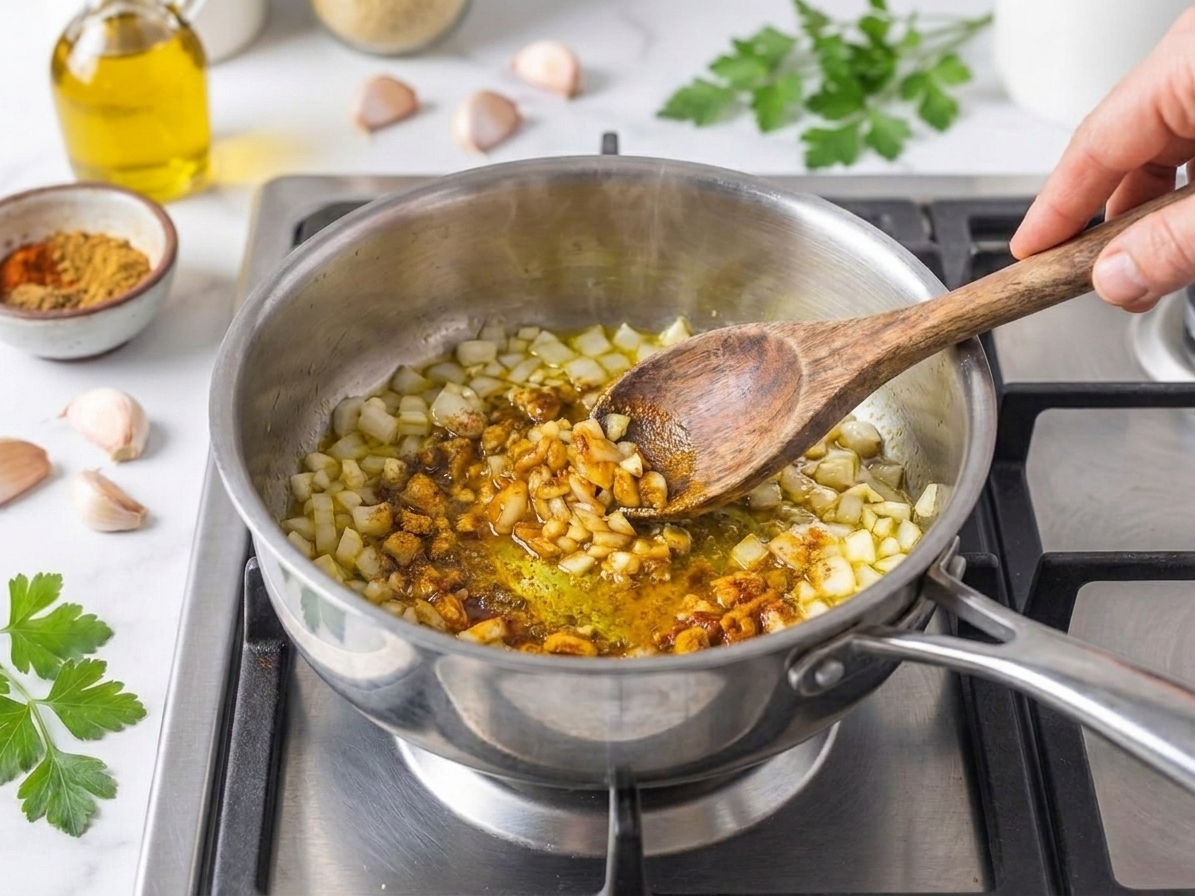 Onion and garlic sautéing in a saucepan with warm spices being stirred in, showing a fragrant orange-gold coating on the pan bottom