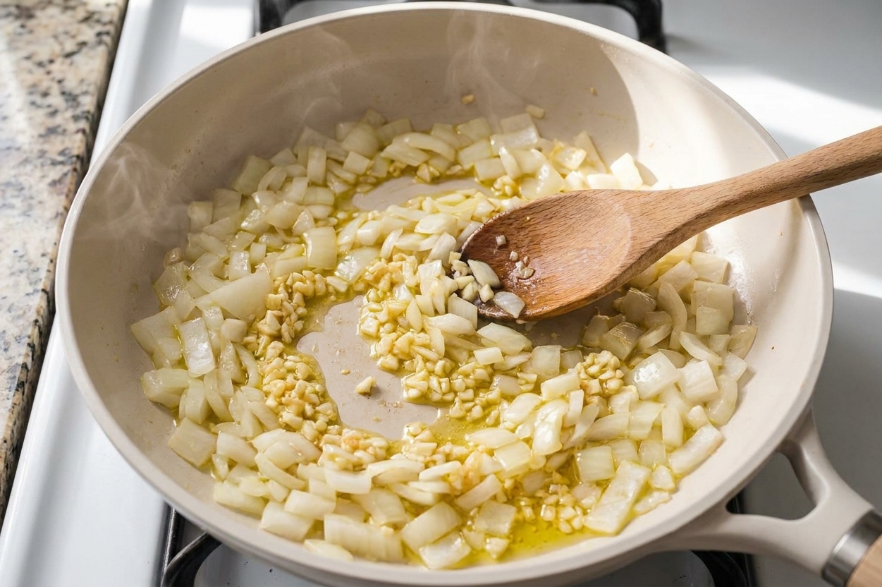 Onion and garlic sautéing in a skillet on a stovetop until soft and fragrant