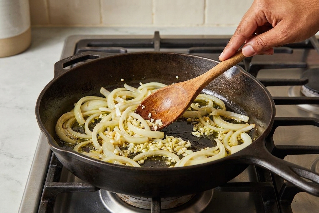 Onion and garlic sautéing in a skillet on a stovetop with a wooden spoon stirring