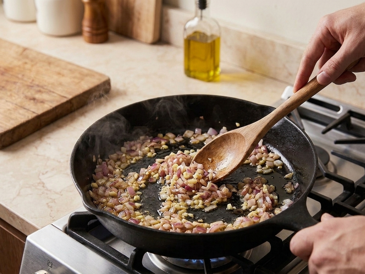 Onion and garlic sautéing in a skillet with a wooden spoon stirring on a stovetop
