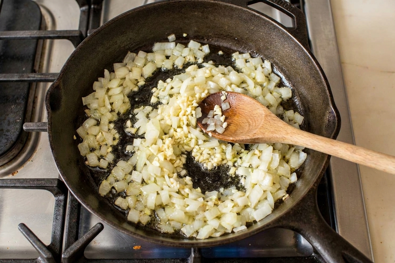 Onion and garlic sautéing in a skillet with a wooden spoon on a stovetop