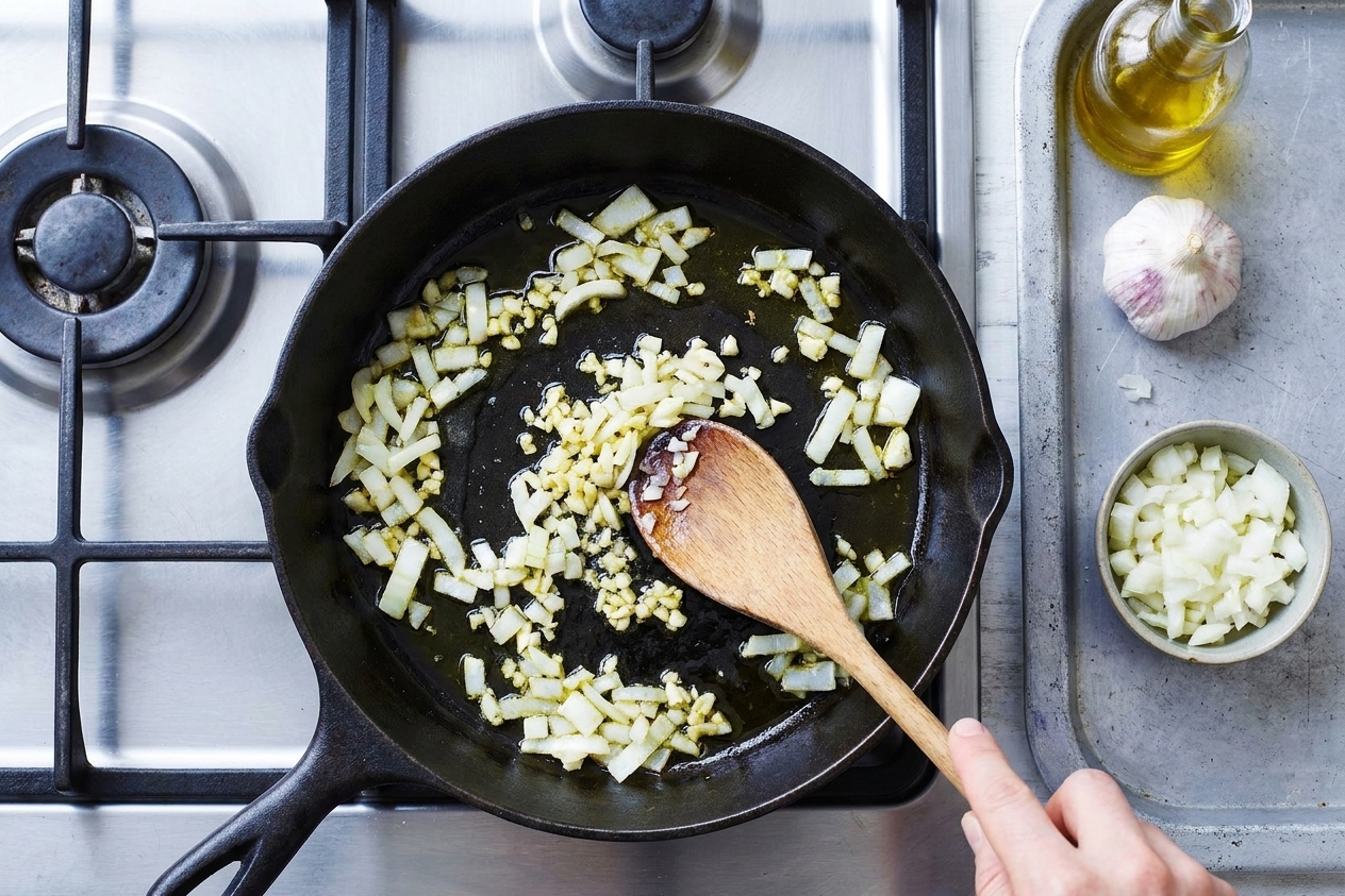 Onion and garlic sautéing in a wide skillet on a home stove, with a wooden spoon stirring
