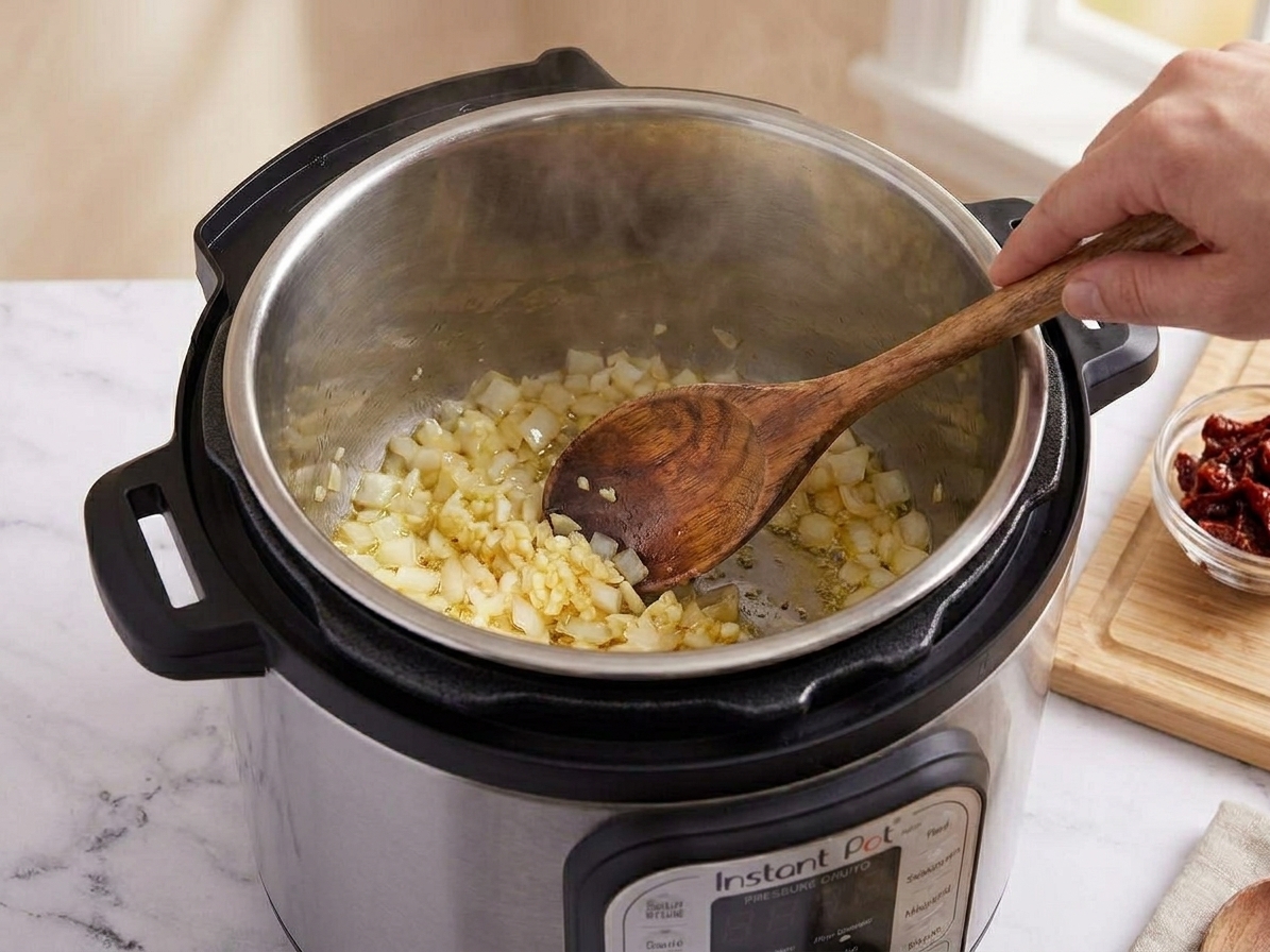 Onion and garlic sautéing in an electric pressure cooker insert while being stirred with a wooden spoon