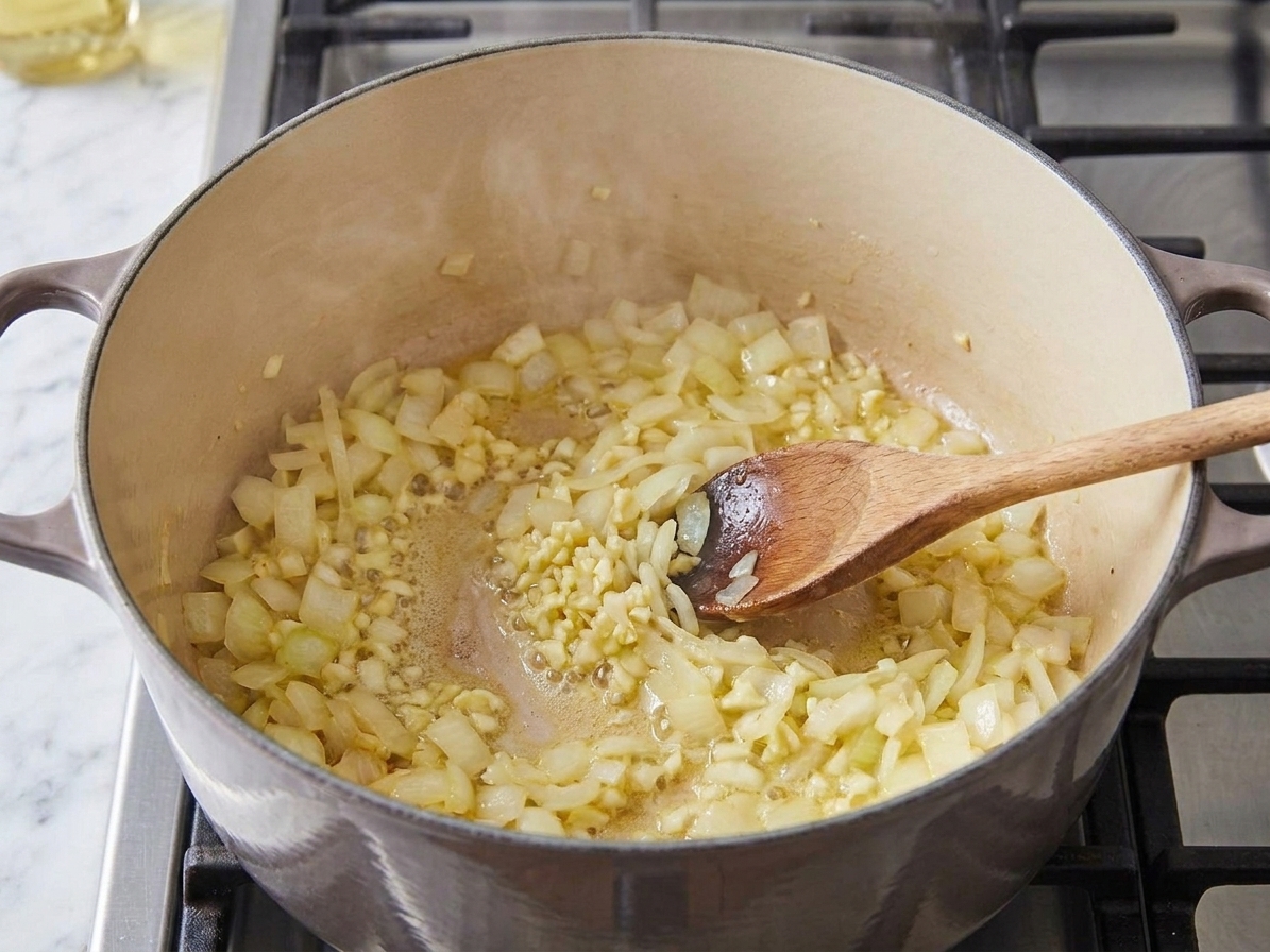 Onion and garlic sautéing in butter in a large Dutch oven on a stovetop, starting to turn translucent