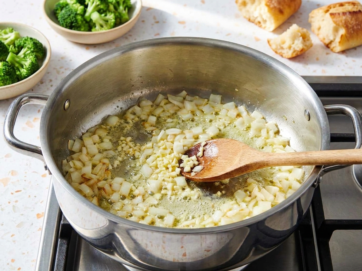 Onion and garlic sautéing in melted butter in a large pot on a stovetop