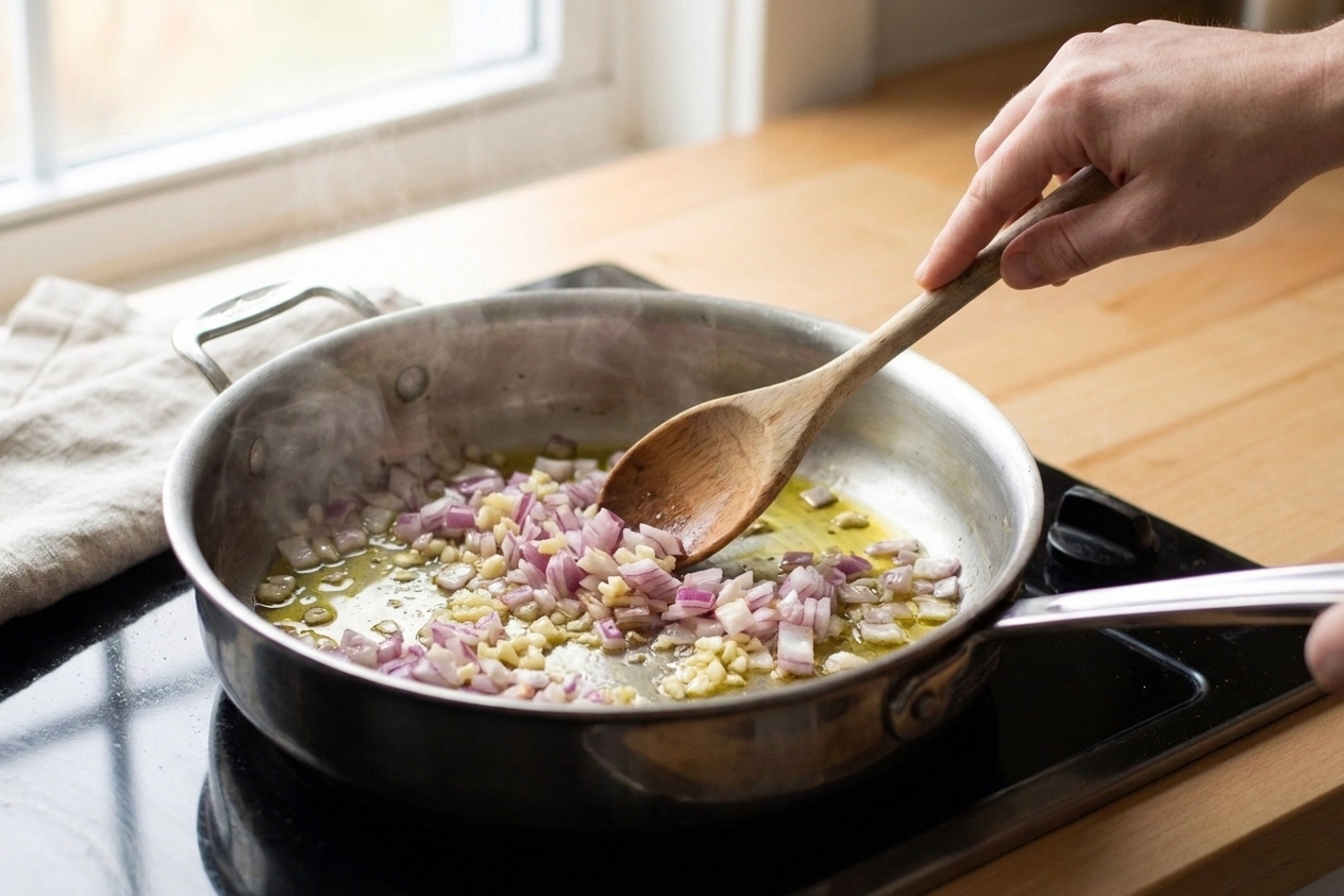Onion and garlic sautéing in olive oil in a skillet on the stove with a wooden spoon stirring