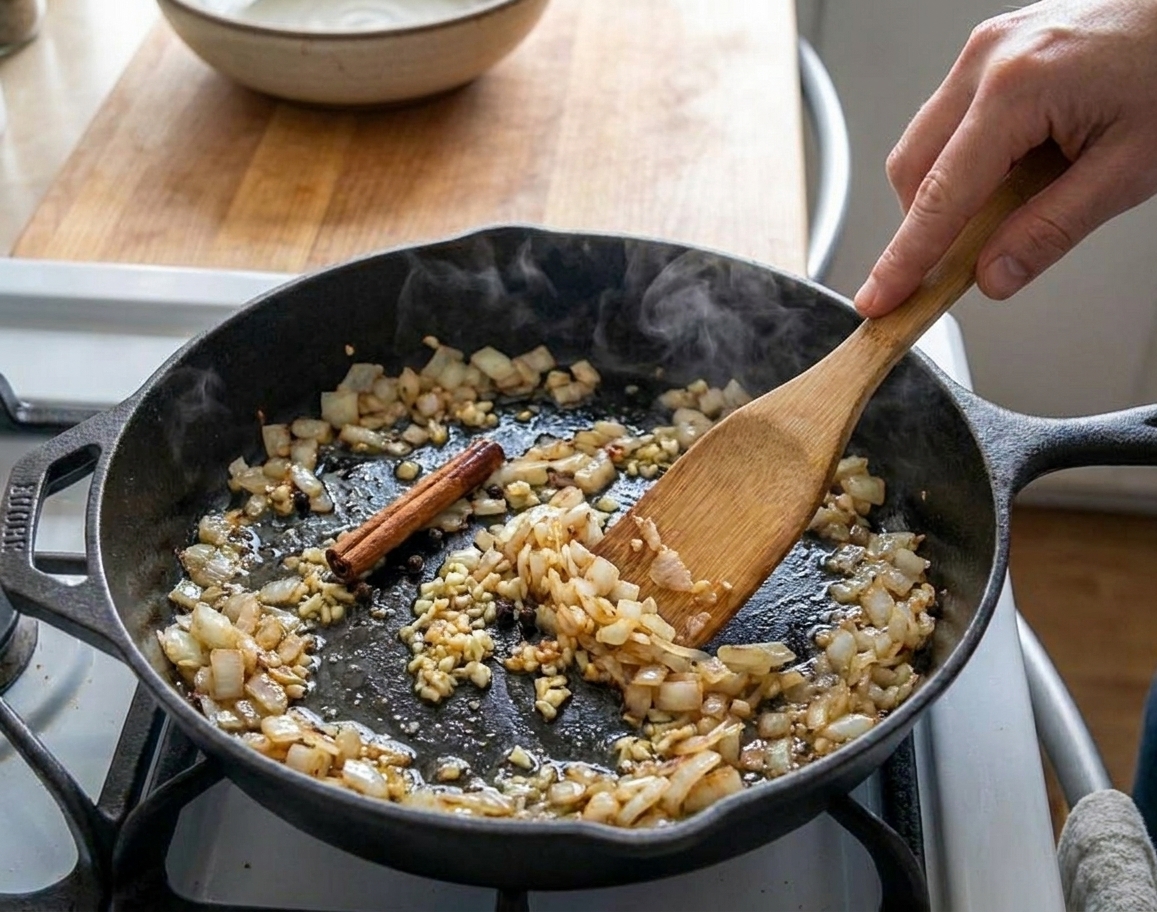 Onion and garlic sautéing with whole spices in a skillet, showing cinnamon stick and peppercorns