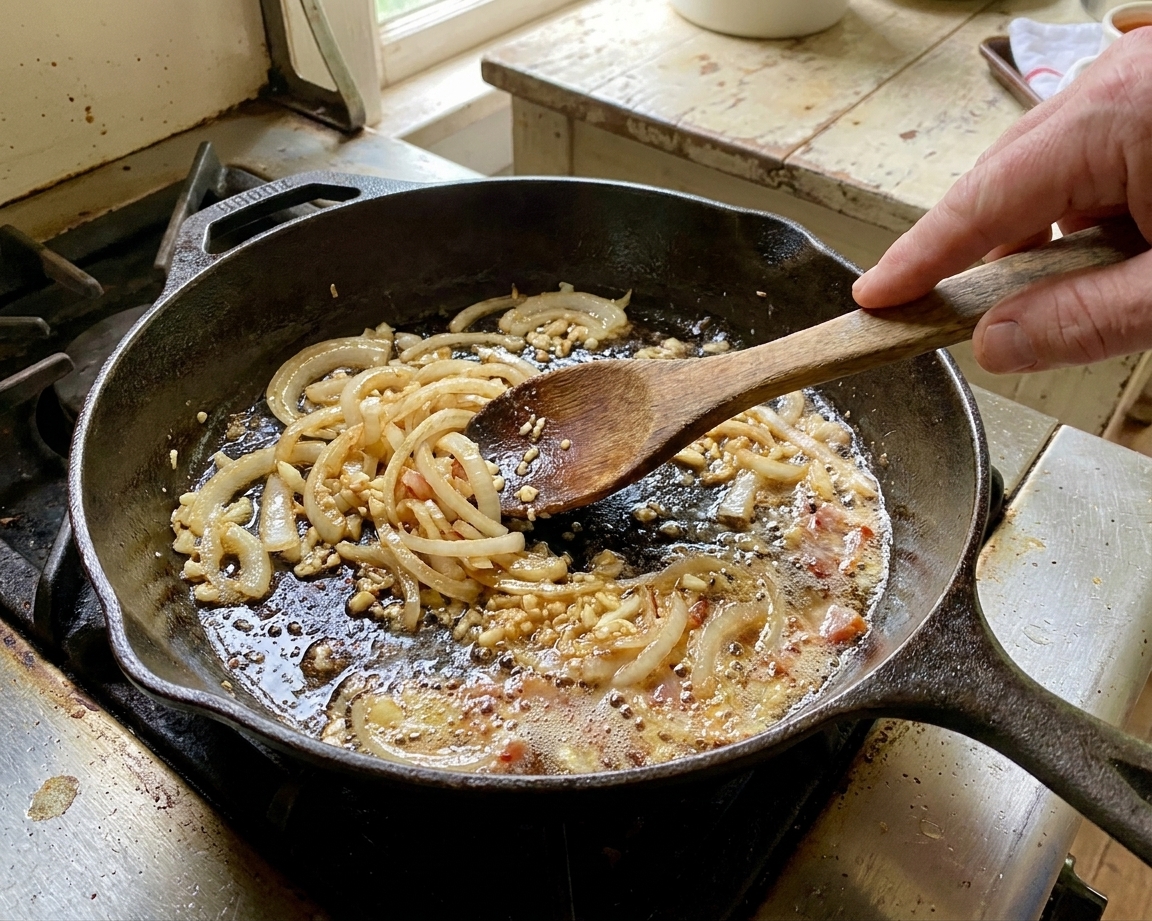 Onion and garlic sizzling in melted bacon drippings in a cast iron skillet, being stirred with a wooden spoon