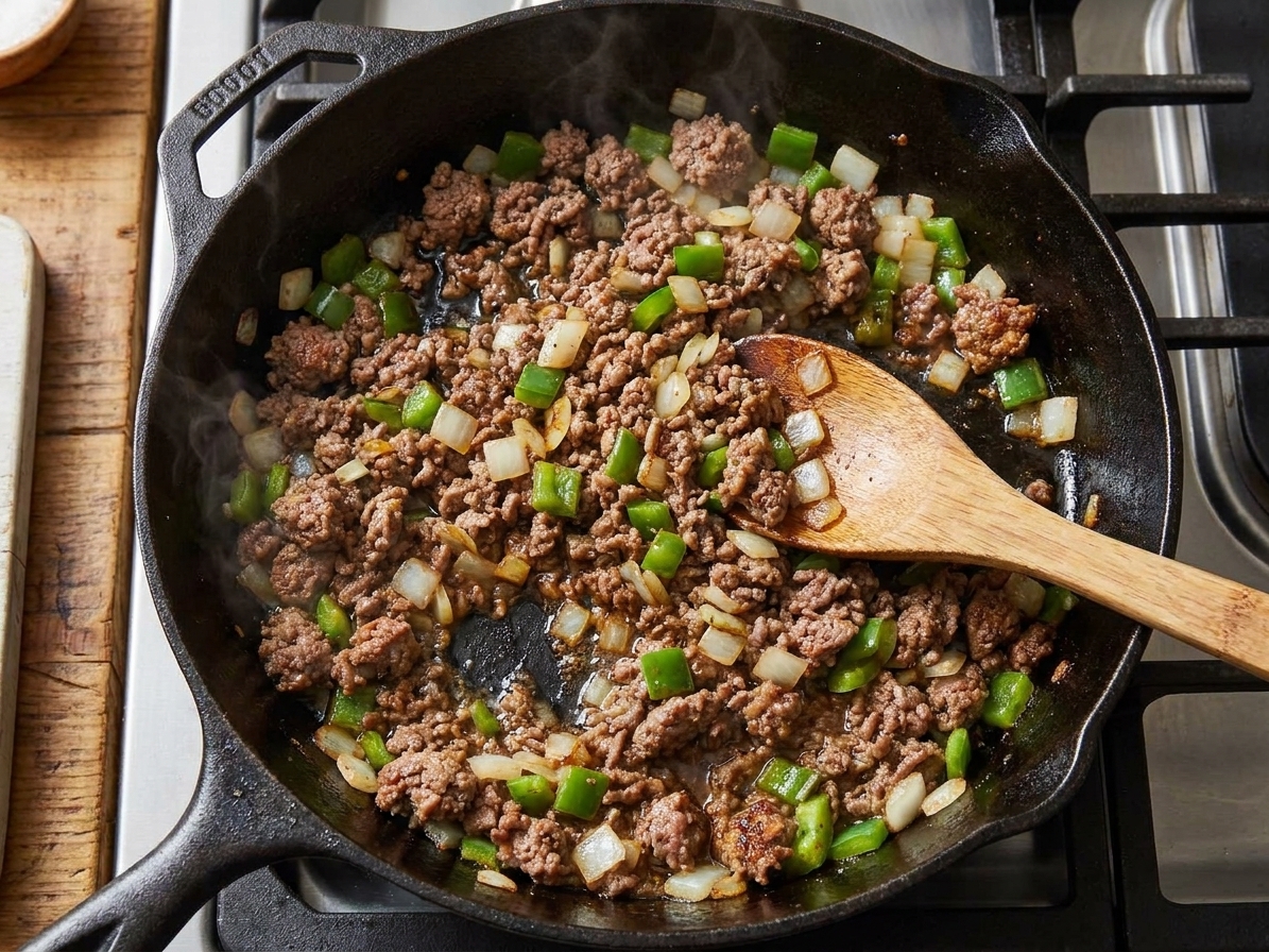 Onion and green bell pepper cooking in a skillet with browned ground beef, being stirred with a wooden spoon
