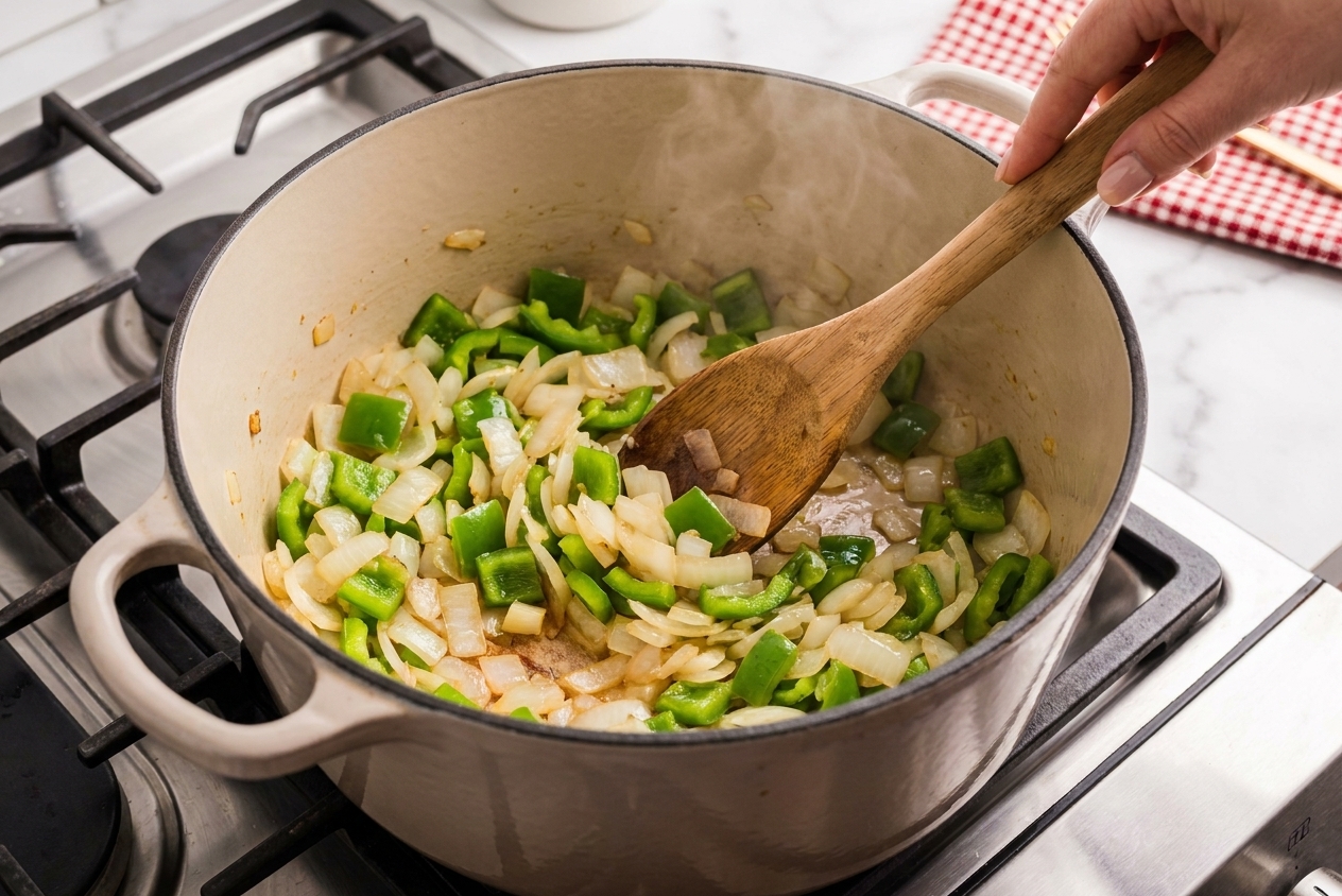 Onion and green bell pepper sautéing in a large Dutch oven on a stovetop with a wooden spoon stirring