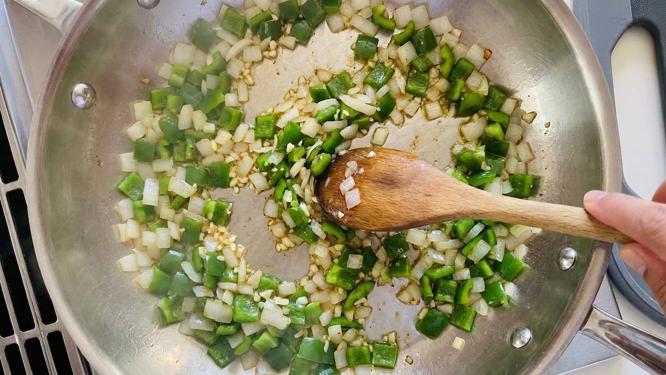 Onion and green bell pepper sautéing in a skillet on a stovetop with a wooden spoon