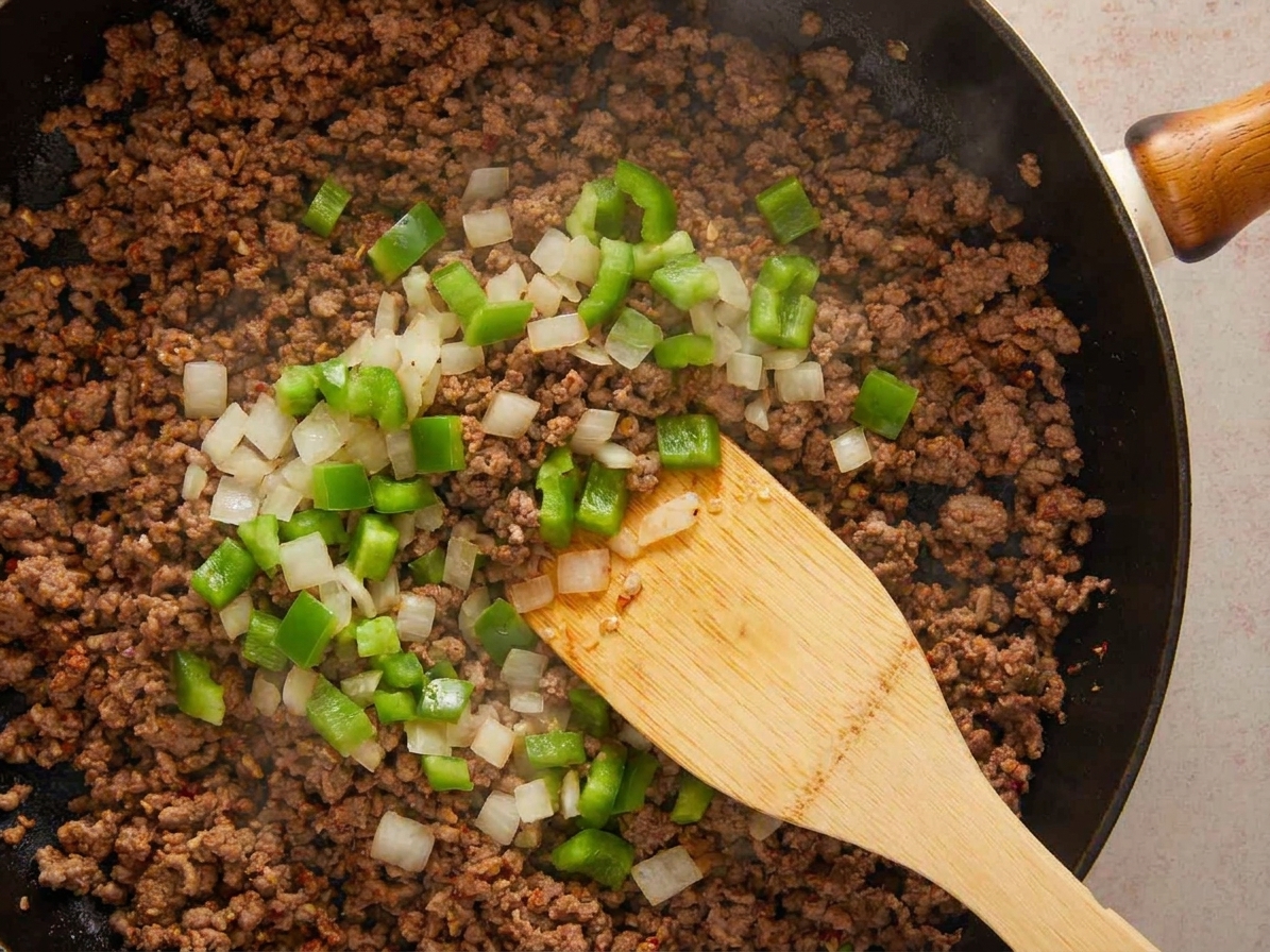 Onion and green bell pepper sautéing in the center of a skillet surrounded by browned ground beef