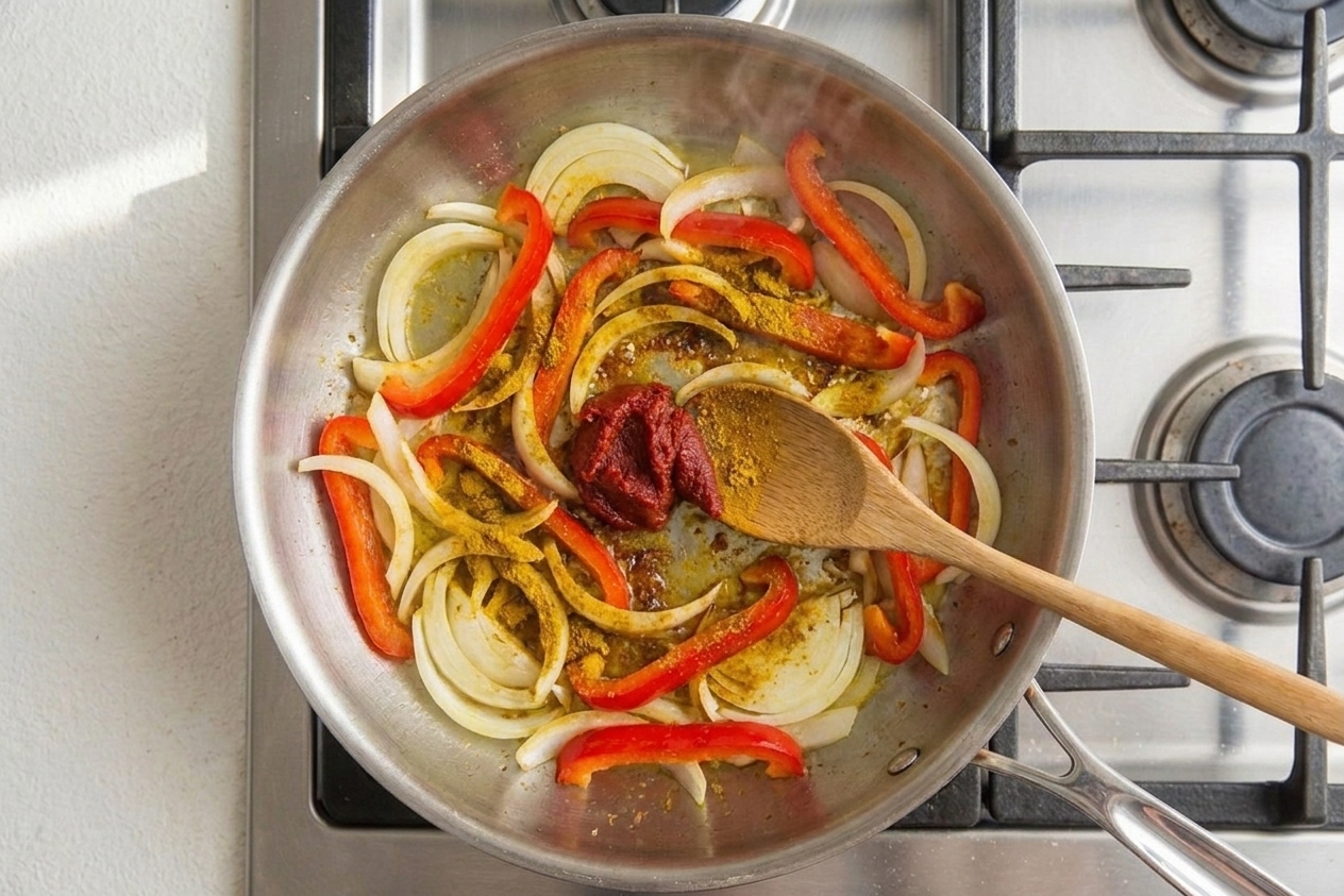 Onion and peppers in a skillet with curry powder and tomato paste being stirred together until fragrant