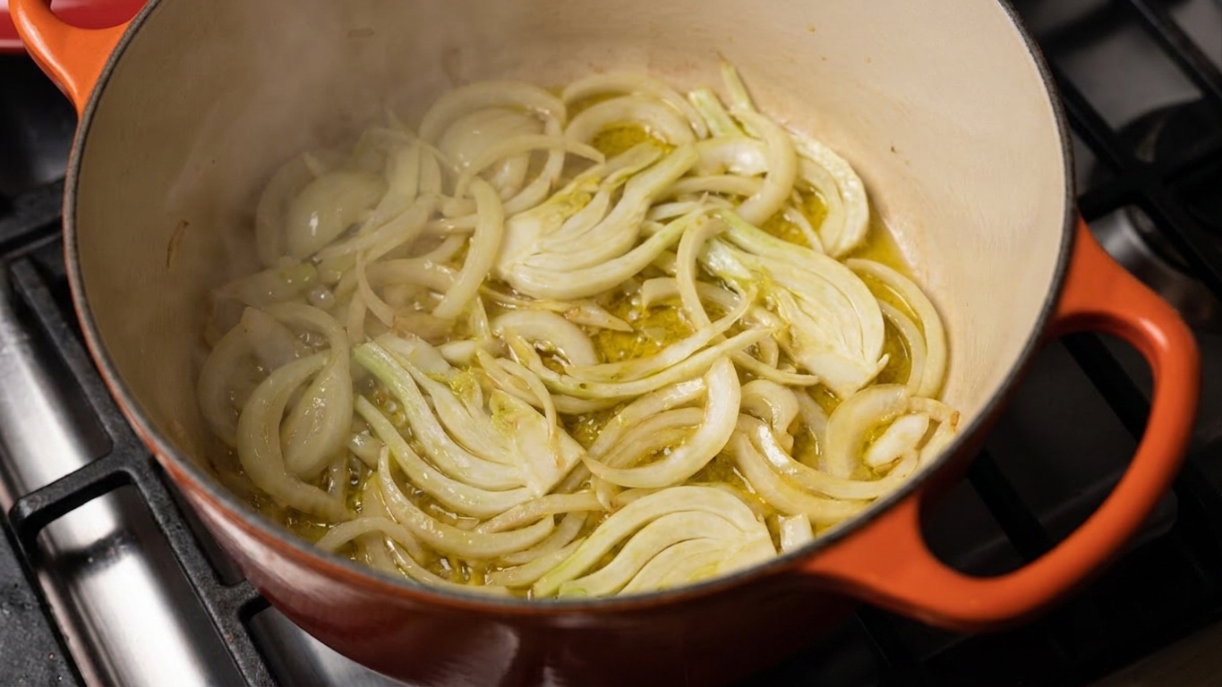 Onion and sliced fennel sautéing in olive oil in a large pot on a stovetop