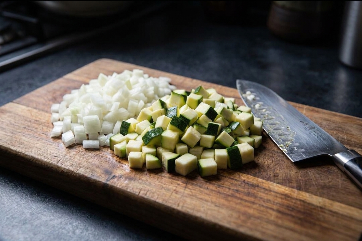Onion and zucchini cut into small, even dice on a cutting board beside a chef's knife