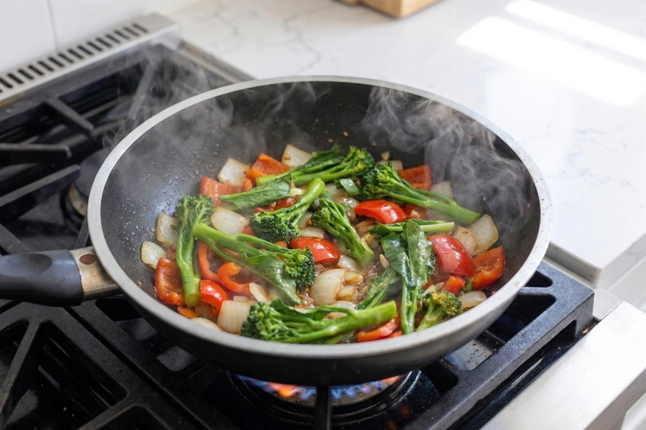 Onion, bell pepper, and Chinese broccoli stir-frying in a hot skillet with visible steam rising