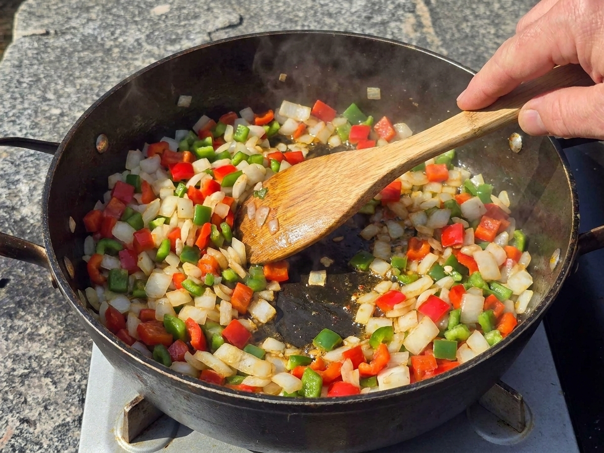 Onion, bell pepper, and jalapeño sautéing in a pot on a stovetop with a wooden spoon stirring