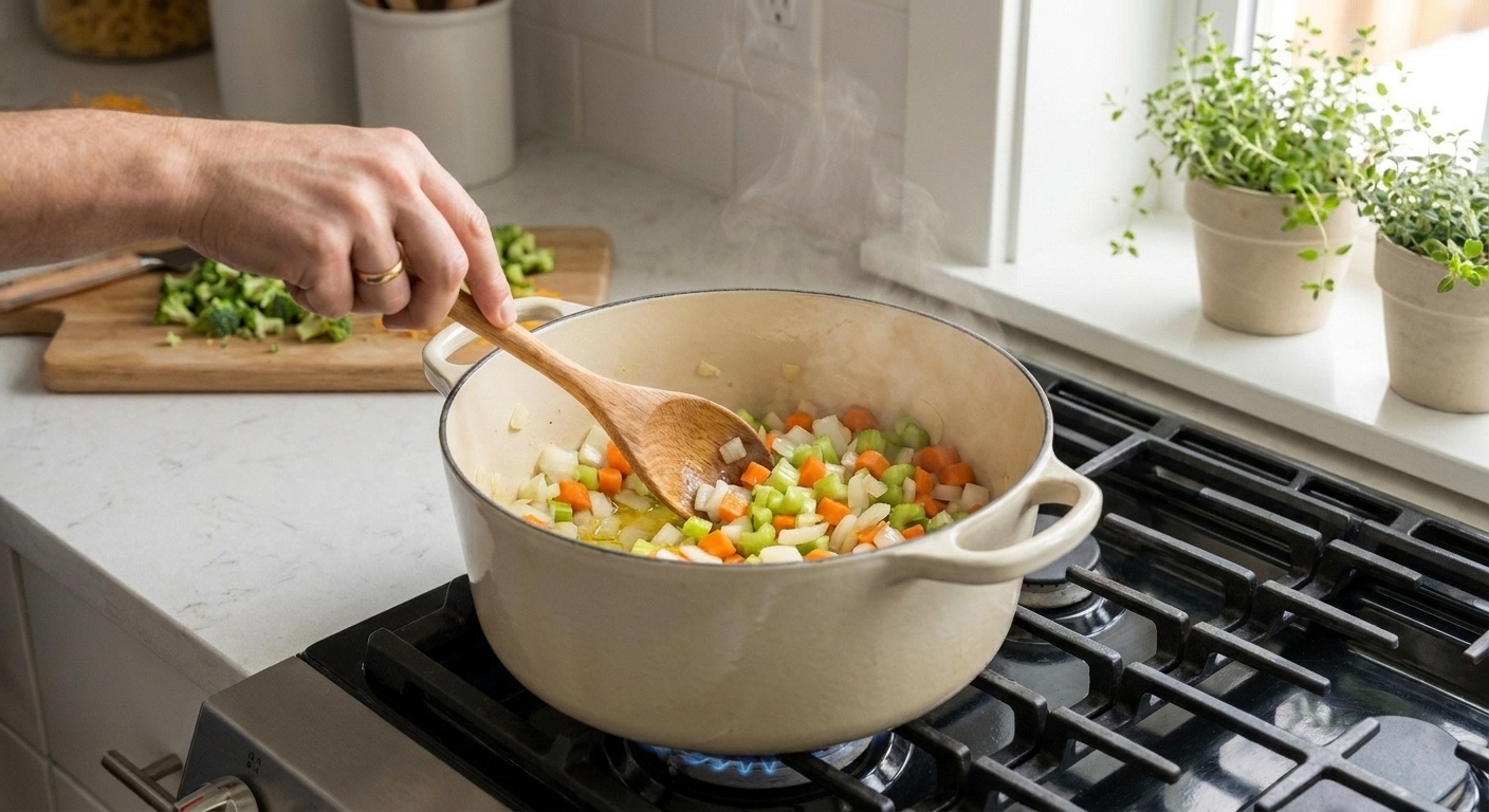 Onion, carrot, and celery being sautéed in a Dutch oven with a wooden spoon on a home stovetop, warm kitchen lighting