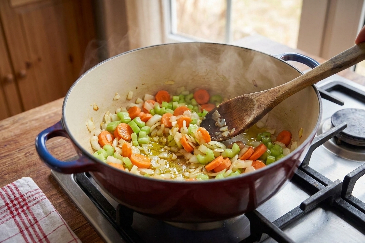 Onion, carrot, and celery cooking in a large soup pot on a stovetop with a wooden spoon stirring, cozy home kitchen lighting