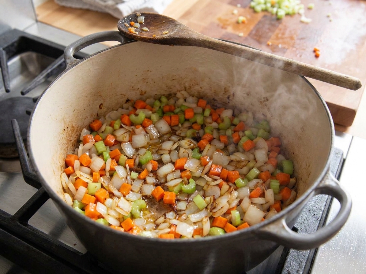 Onion, carrot, and celery sautéing in a Dutch oven, glossy and lightly browned at the edges