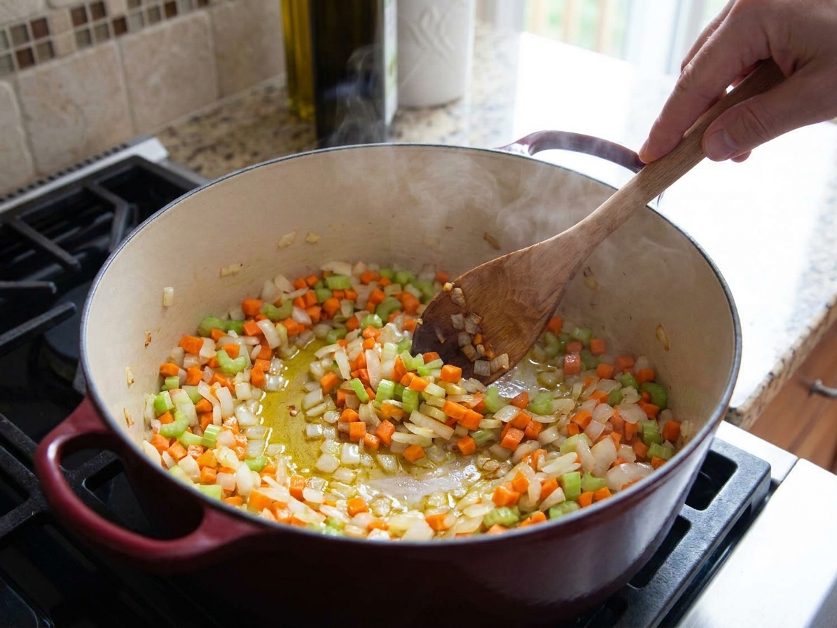 Onion, carrot, and celery sautéing in a Dutch oven on a stovetop with a wooden spoon stirring
