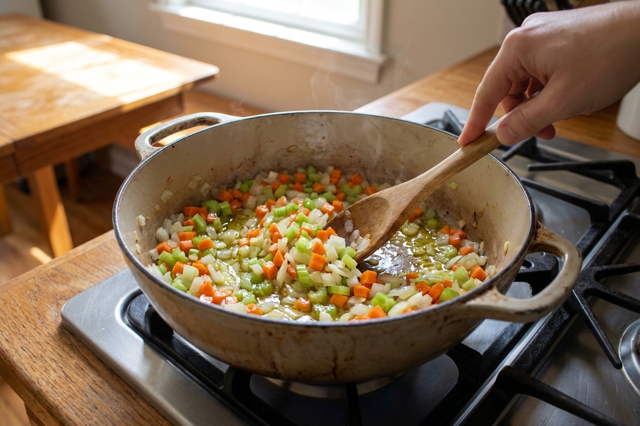 Onion, carrot, and celery sautéing in a Dutch oven on a stovetop with a wooden spoon stirring, warm kitchen lighting