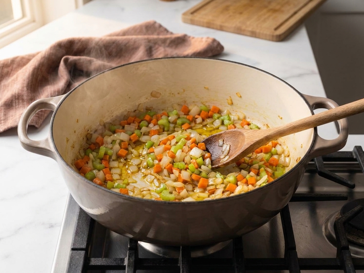 Onion, carrot, and celery sautéing in a Dutch oven, vegetables softened and lightly golden around the edges