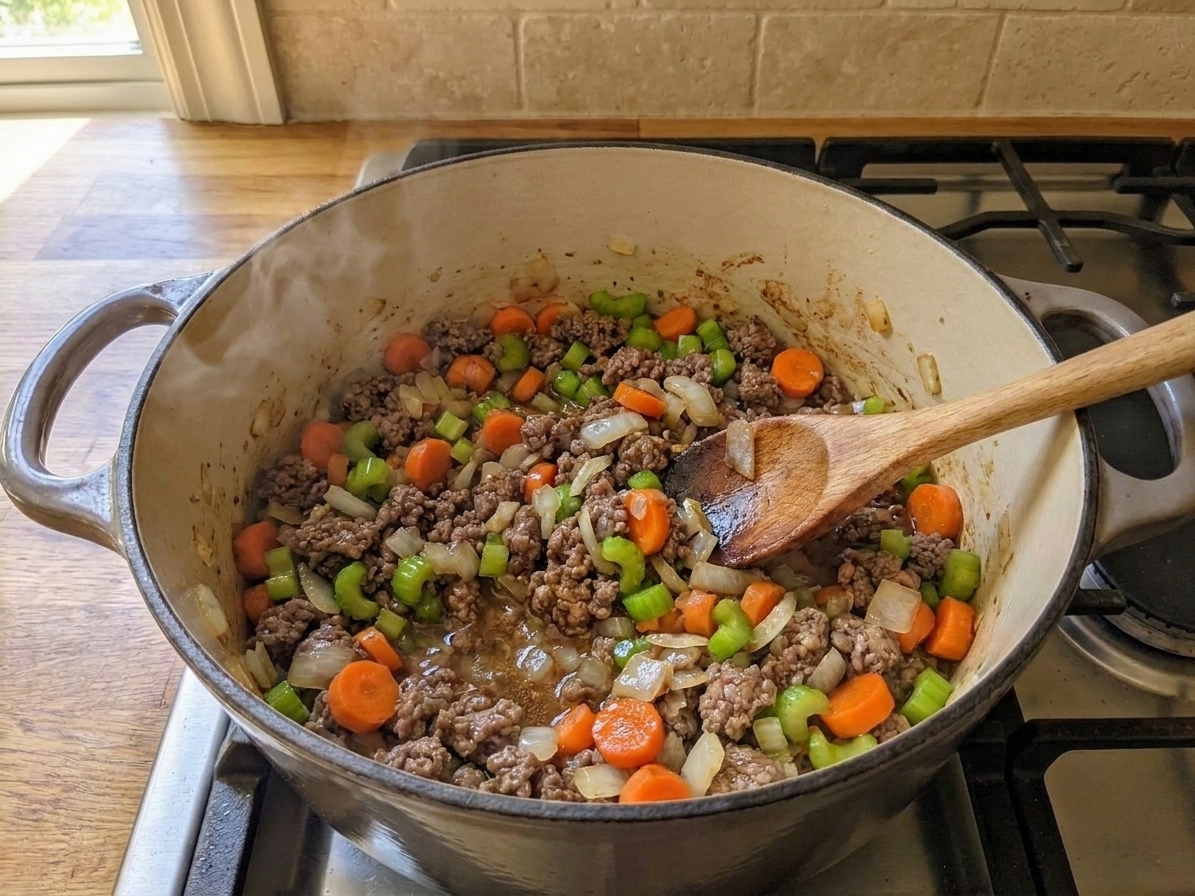 Onion, carrot, and celery sautéing in a Dutch oven with browned beef, glossy from rendered fat
